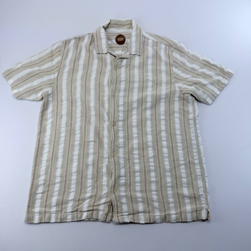 Common People Mens XL Short Sleeve Striped Button Down Shirt Beige White Cotton